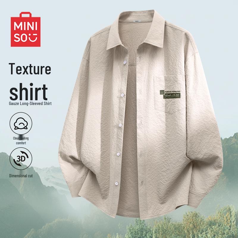 MINISO Men's Relaxed Fit Long Sleeve Retro Shirt