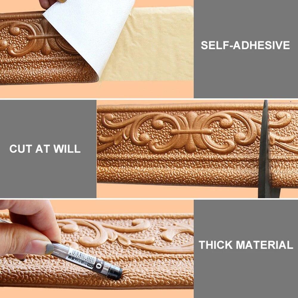 10m/Roll 3D Self-Adhesive Vinyl Wall Trim Line Skirting Border DIY Room Decors Household Waterproof Baseboard Wallpaper Sticker