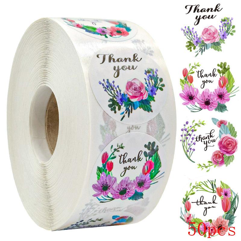 50-500Pcs 1'' Paper Hand Made Stickers Round Floral Thank You Stickers For Baking Envelope Business Seal Labels Sticker