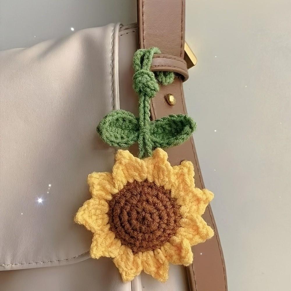 Cotton Crochet Sunflower Pendant Fabric Bag Lanyard Charm Cute Knitted Keychain  Daily