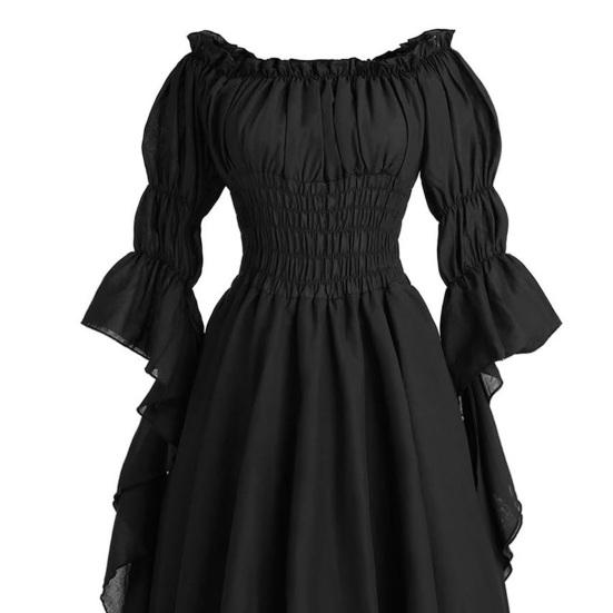 Women Ball Gown Off Shoulder Gothic Long Horn Sleeves Irregular Layered Pleated Elastic Tight Waist Solid Color Retro Renaissance Princess Dress