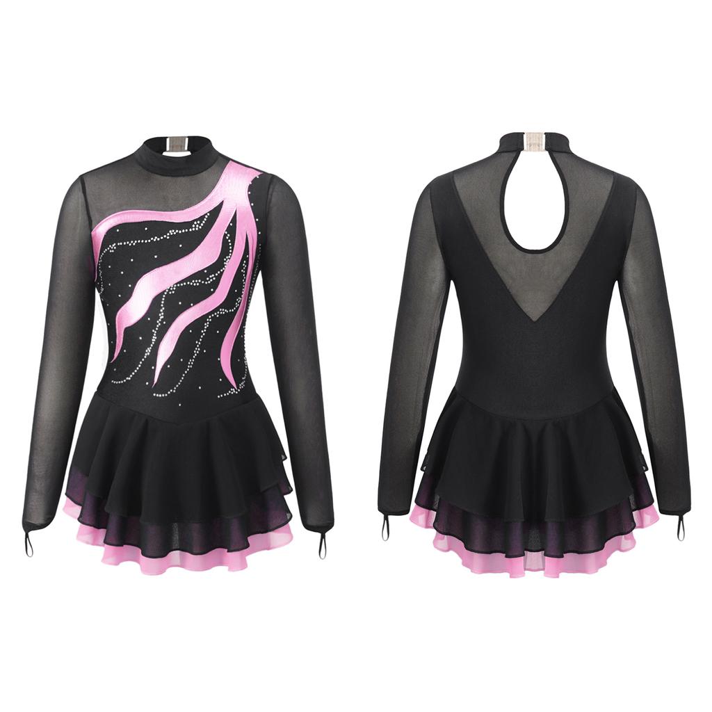 Детское платье для фигурного катания с длинными рукавами для девочек, блестящее сетчатое платье-пачка со стразами, балетное, гимнастическое, танцевальное трико, платье