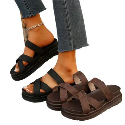 Модные летние женские тапочки на плоской подошве, гладиаторские пляжные сандалии, шлепанцы с перекрестными ремнями на платформе, однотонные шлепанцы на каблуке