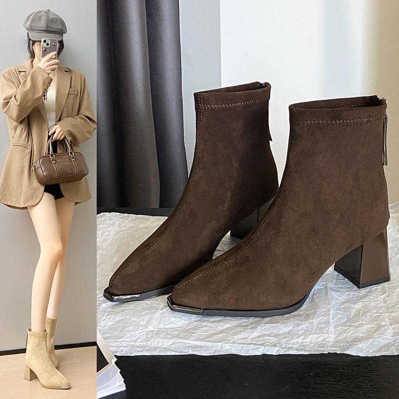 French Retro Suede Short Boots Women's Autumn and Winter New Thick Heel Thin Martin Boots Versatile High Heel