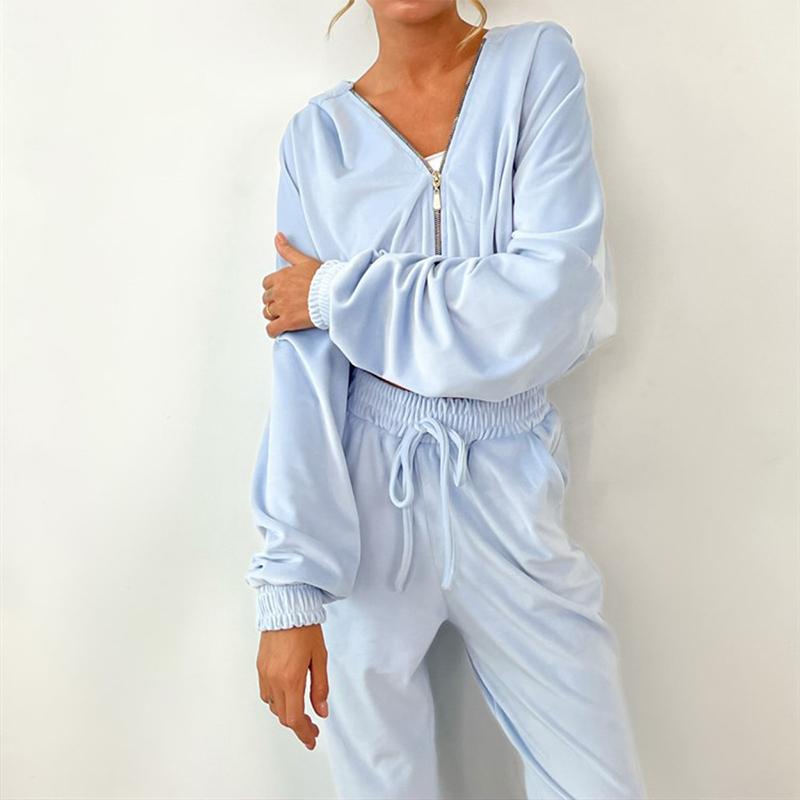Женский комплект одежды осень-зима 2024 года, модный комплект из двух предметов: толстовка с капюшоном на молнии и завязками, спортивный костюм, брюки, однотонный комплект из двух предметов
