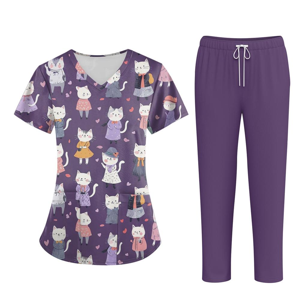 Плюс размерСкраб с принтом Рабочая форма Топы для женщин Крест V-образным вырезом Хэллоуин Принт с короткими рукавами Забавные футболки Спецодежда Футболка с карманами