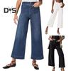 Женские джинсы с карманами, эластичные, с высокой талией, прямые, широкие, однотонные, длиной до щиколотки, брюки с пуговицами для ежедневных поездок на работу