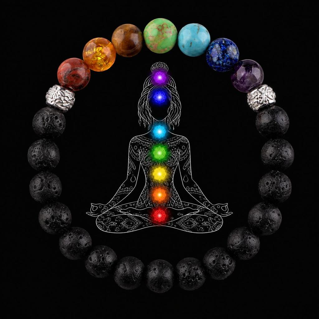 7 Chakra Bracelet, Lava Stone Bracelet, Healing Crystal Bracelet, Yoga Meditation Bracelet, Reiki Energy Bracelet DB-1