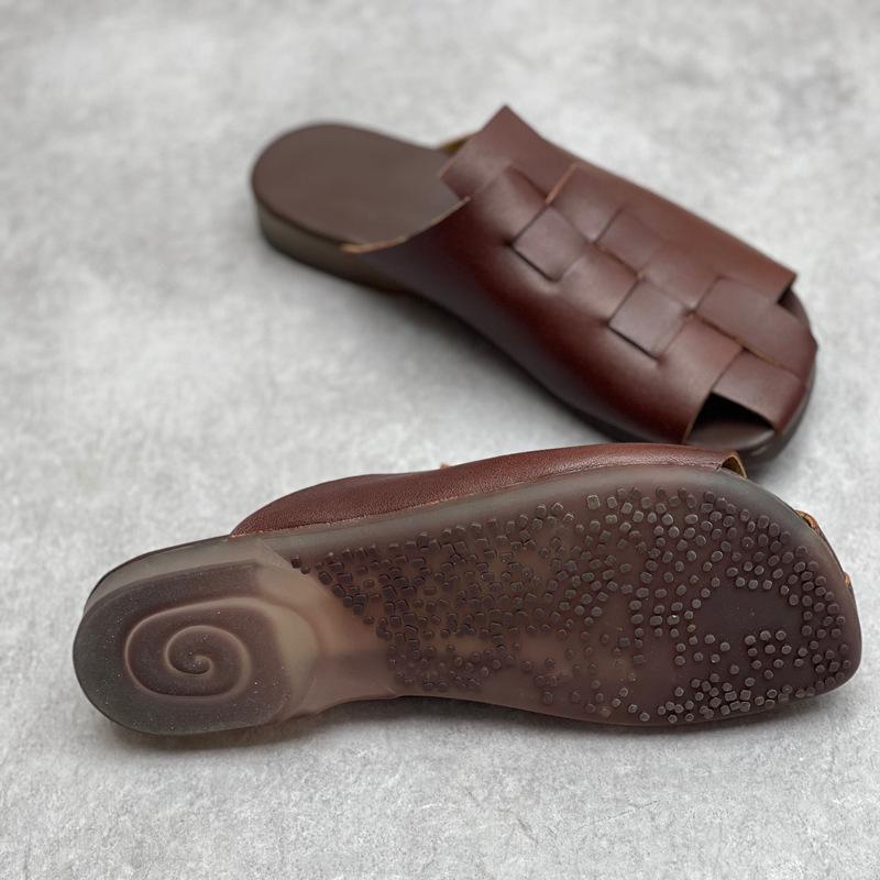 Johnature Плетеные тапочки на плоской подошве из натуральной кожи ручной работы. Женская обувь с круглым носком и мягкой подошвой. Уличные шлепанцы в стиле ретро.