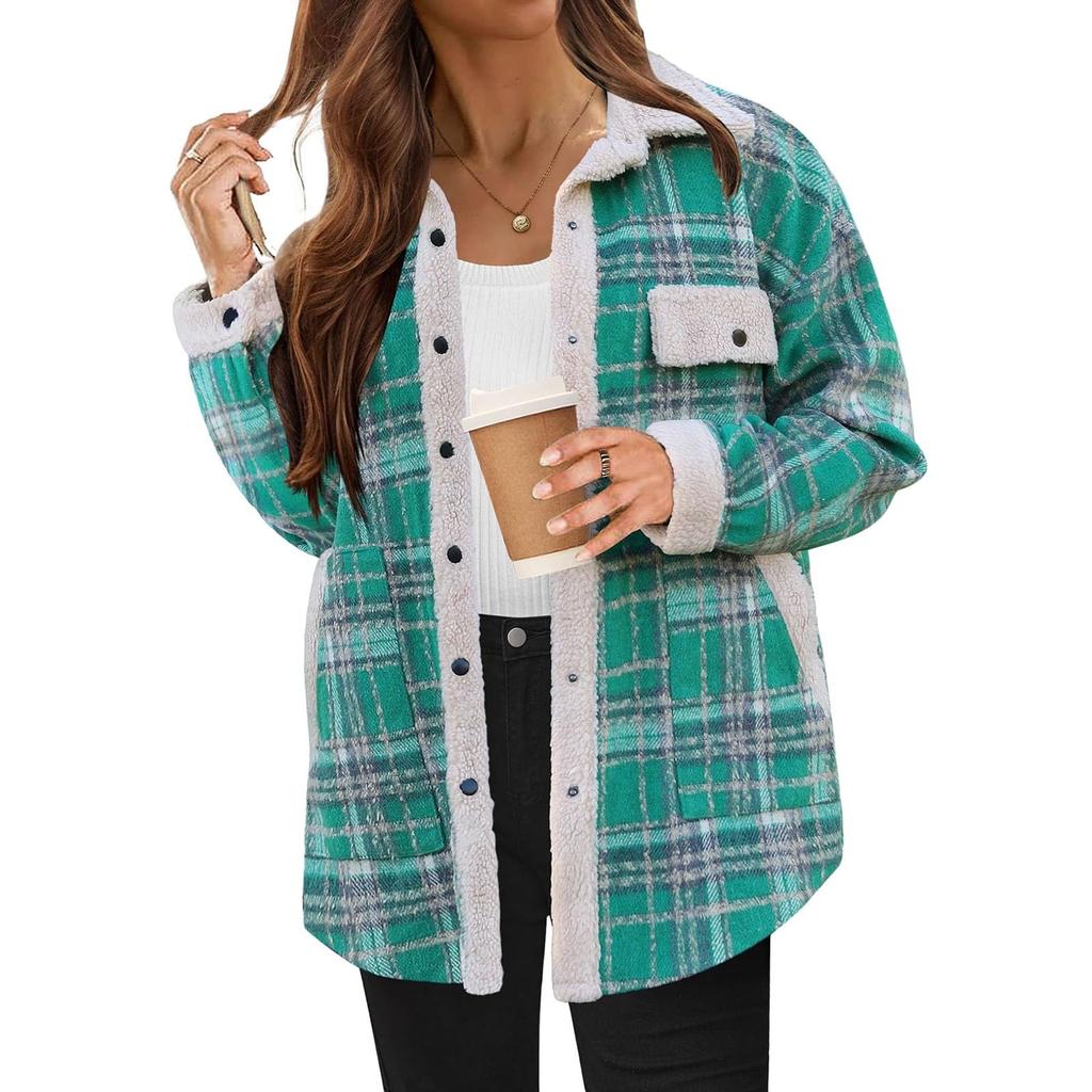 Women Long Sleeve Pullover Casual Plaid Shacket Jackets Fuzzy Fleece Button Down Open Front Jackets Outfits