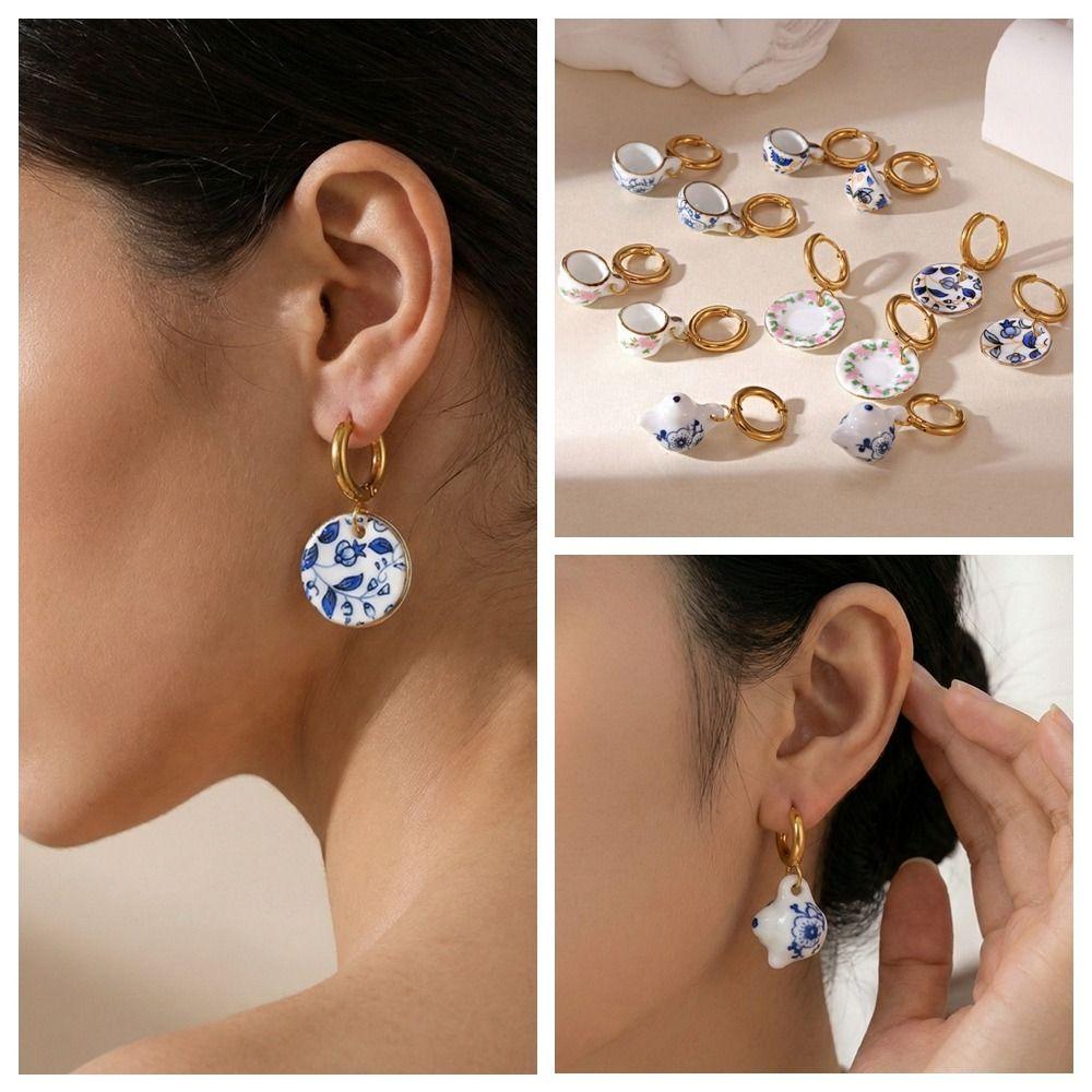 Chinese Style Blue and White Porcelain Earrings Dripping Oil Gold Enamel Hoop Earrings  Women