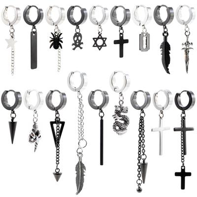 Alisouy 2 шт., серьги из нержавеющей стали со звездой, крестом, змеей, шипом, черепом, мечом, лезвием, цепью, перьями паука, висячие серьги-кольца для женщин и мужчин