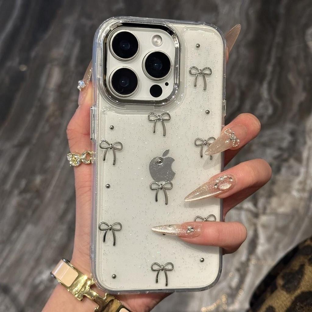 INS Корея Глиттер 3D Серебряный Бант Бусины Чехол для телефона для iPhone 17 Air 16 15 14 13 12 11 Pro Max Plus Эпоксидная оболочка Прозрачная бамперная крышка