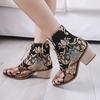 35-43 Large Size Autumn and Winter Boots Women's Vintage Satin Embroidery High Coarse Heel Pointed Tip Lace Up