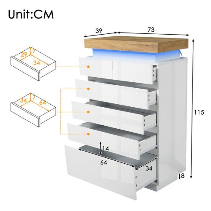 Commode - MUVOE - 6 Tiroirs - Éclairage LED - Brillant - 115 x 73 x 39 cm