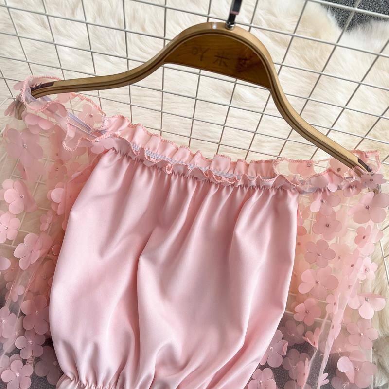 Шифоновая рубашка на одно плечо, прозрачная сетчатая строчка, свободная талия, укороченный топ с открытыми плечами, женские топы