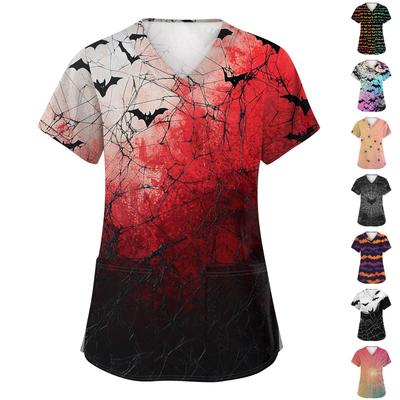 Женская модная рабочая униформа с V-образным вырезом и короткими рукавами, с карманами, топ с принтом на Хэллоуин