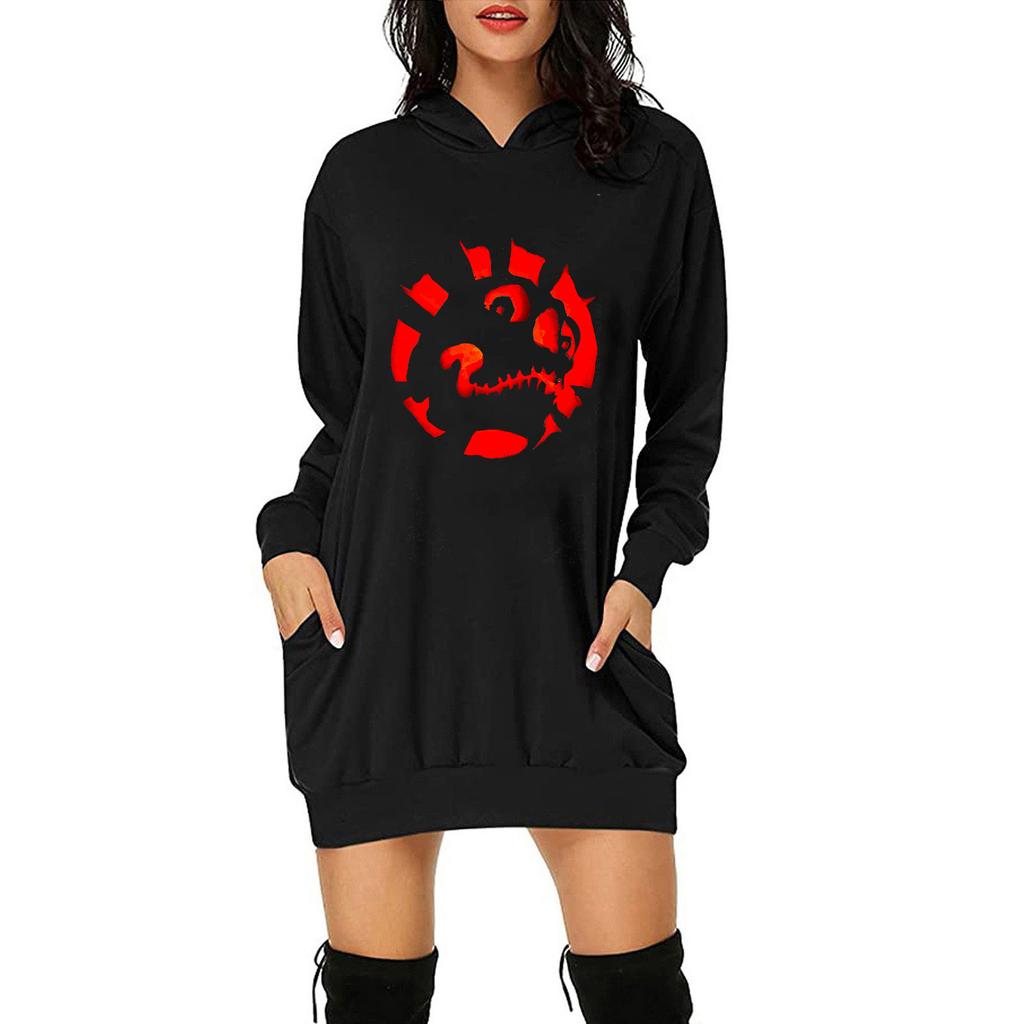 Women Casual Fashion Loose Plus Size Halloween Print Long-Sleeve Blouse Dress