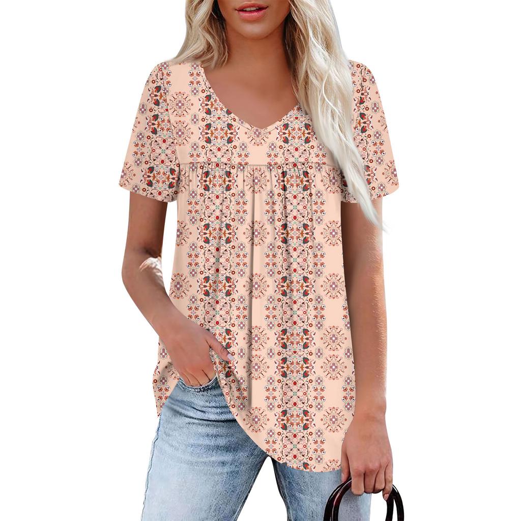 Women's Casual V-Neck Short Sleeve Chest Ruffle Printed Top