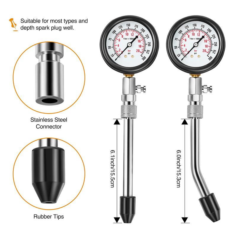 Engine Compression Meter with M10 M12 M14 M18 Adapter 0-300 PSI Pressure Gauge Automotive Cylinder Tester Kit