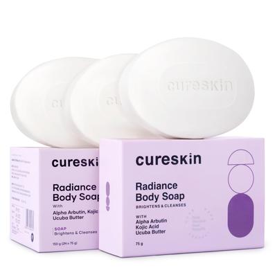Мыло для тела Cureskin Radiance | От пигментации и солнечных повреждений с альфа-арбутином, койевой кислотой и маслом укуба | Мыло для удаления загара, 75 г (Пакет из 3)