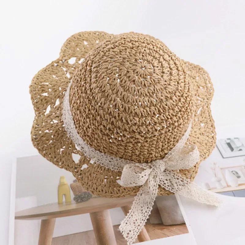 Cute Fashion Summer Children's Straw Hat Girls Breathable Lace Cap Bow Beach Sun Hat Wide Brim Kids Princess Travel Sunshade Hat