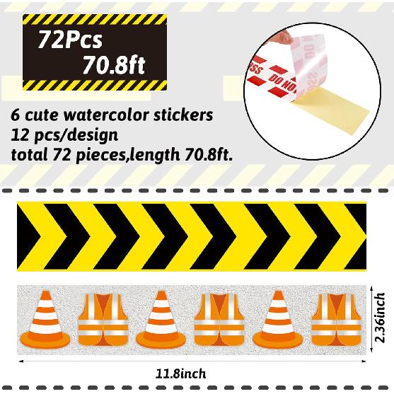 Ireer 72 Pcs Construction Bulletin Board Borders Set Decoration for Trim Construction Theme Party Self Adhesive Tape for Classroom Workplace Wall