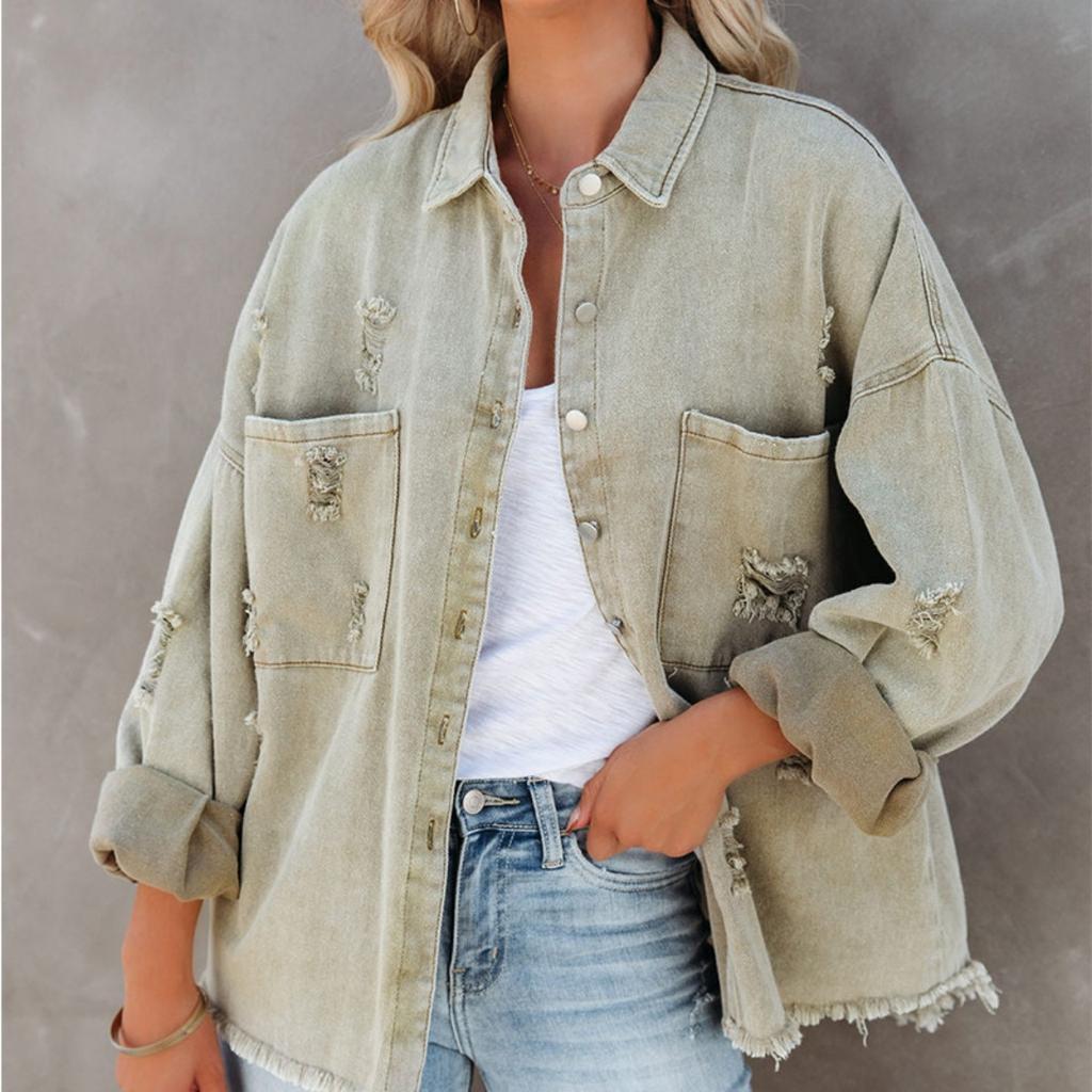 Lapel Long Sleeve Vintage Street Ripped Raw Edge Denim Jacket Women's
