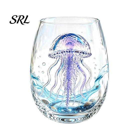 Decorative Aesthetic Water Tumblers Stemless Wine Glasses with Marine Animal Pattern, 420ml Capacity, High Borosilicate Cute Egg Shaped Glass