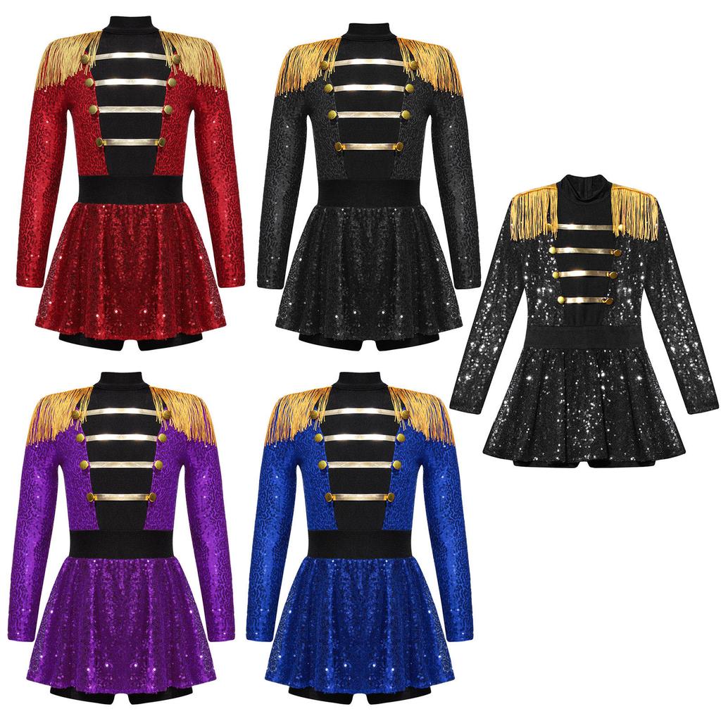 Girls Ringmaster Circus Costume Long Sleeve Tassel Epaulet Shiny Sequins Design Jumpsuit Dress