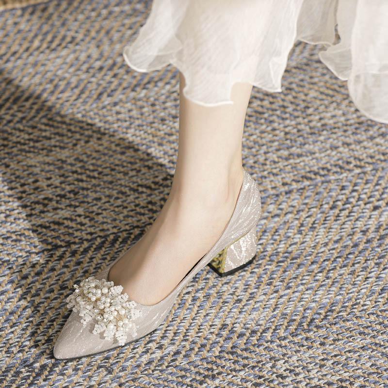 Большие свадебные туфли 41-43 золотые туфли на толстом каблуке, широкие ноги, шампанское, свадебные туфли на высоком каблуке, маленькие одинарные туфли женские цветы осень