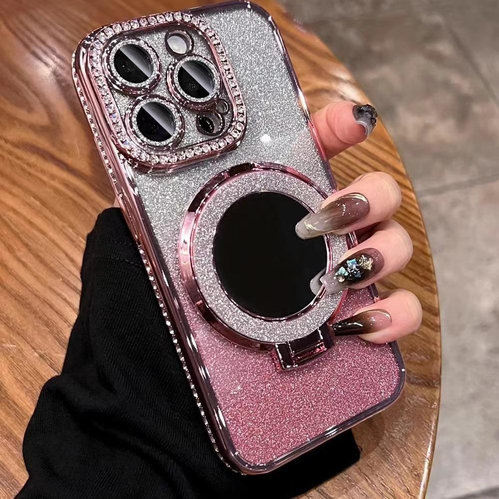For IPhone 17 Luxury Electroplated Rhinestone Glitter for Apple 16 Promax Phone Case Mirror Magnetic Bracket 15