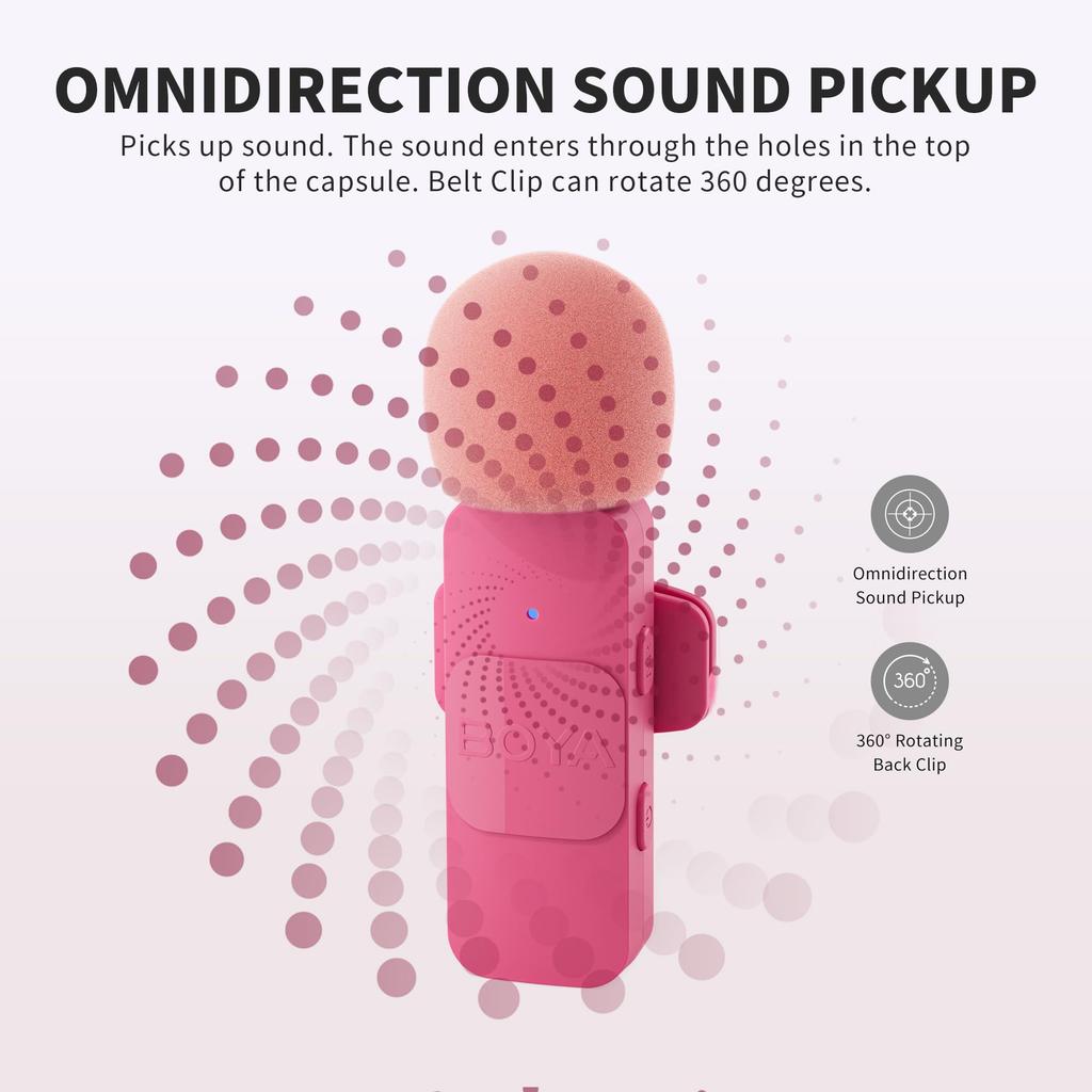 BOYA Wireless Lavalier Microphone, Omnidirectional, External Mini Lapel Microphone for iPhone, iPad, and Android Phones, Lightning USB-C (Pink, USB-C