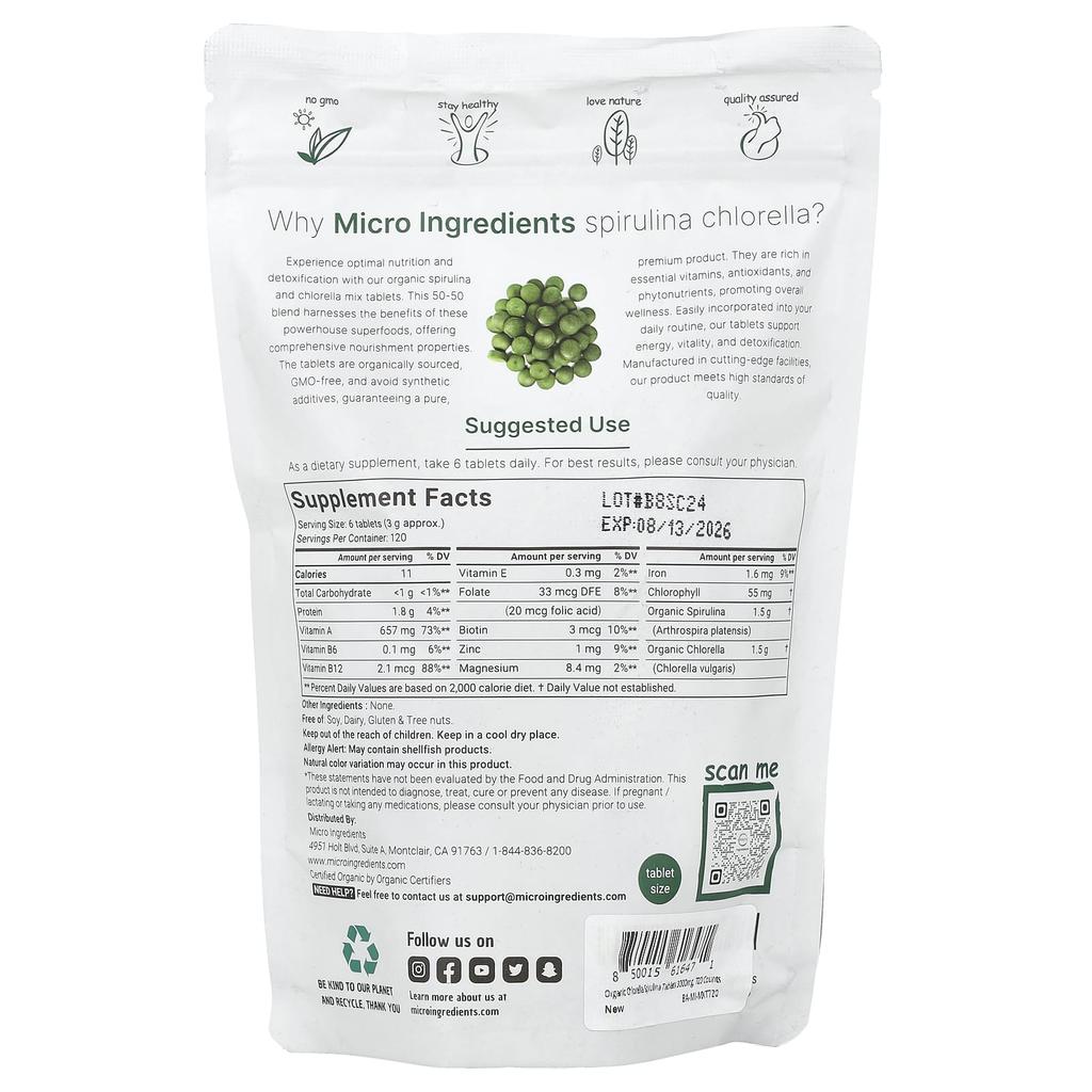 Micro Ingredients Органическая спирулина хлорелла, 720 таблеток