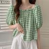  Womens Casual Square Neck Summer Loose Half Sleeve Plaid Blouse