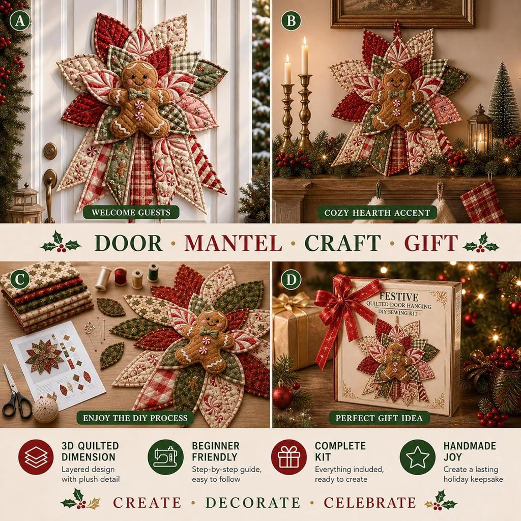 Christmas Character Quilted Door Hanger Sewing Kit with Pre-Cut Fabric Pieces Batting Filling Thread Templates: Oversized Patchwork Craft Kit