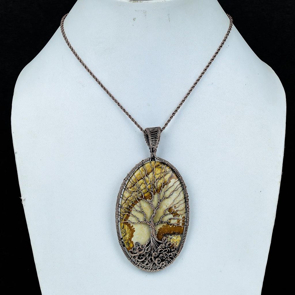 Подвеска из яшмы-картины, Подвеска "Древо жизни", ручная работа, обмотка медной проволокой 999 пробы, антикварное украшение, для подарка, медное украшение