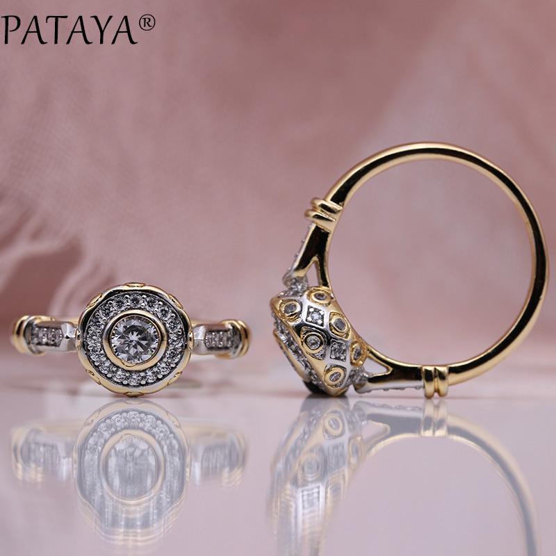 PATAYA Round Artificial Zircon Rings Rose Gold Color Multiple Sizes Exquisite Rings