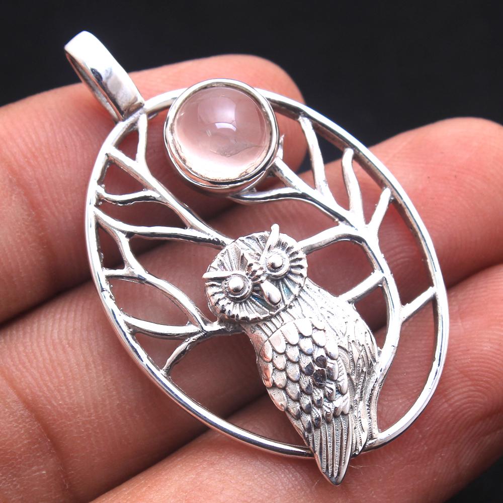 Кулон Сова, Серебряный Кулон, Ювелирные Изделия Ручной Работы из Стерлингового Серебра 925 пробы, Ювелирные Изделия с Драгоценными Камнями, кулон с аметистом, лабрадоритом, розовым кварцем, ларимаром