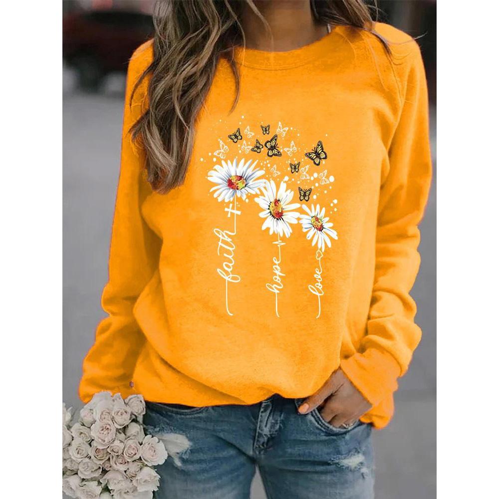 Зимние женские топы с принтом ромашки, женская Повседневная толстовка с круглым вырезом и длинными рукавами, блузка больших размеров
