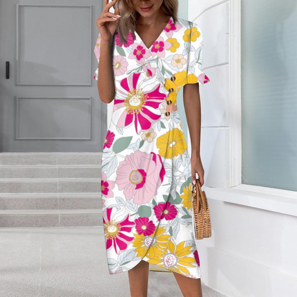 Пляжные платья для женщин, весна-лето, элегантное платье с V-образным вырезом и цветочным принтом в стиле бохо, струящееся гавайское платье макси с рюшами