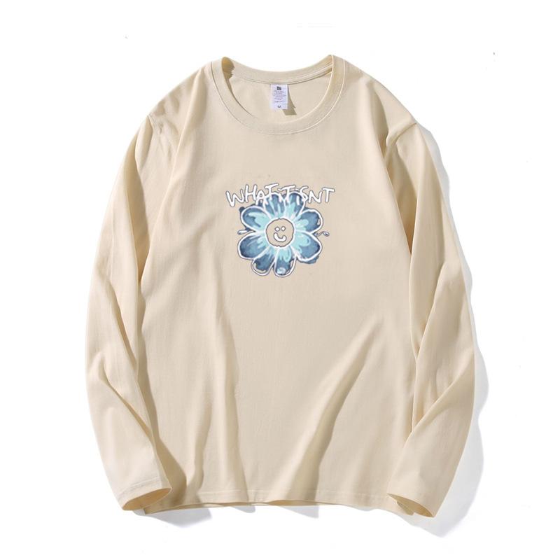 Женская весенне-осенняя футболка с длинным рукавом, круглым вырезом, оверсайз, свободная, с цветочным принтом, пуловер, топ для многослойности