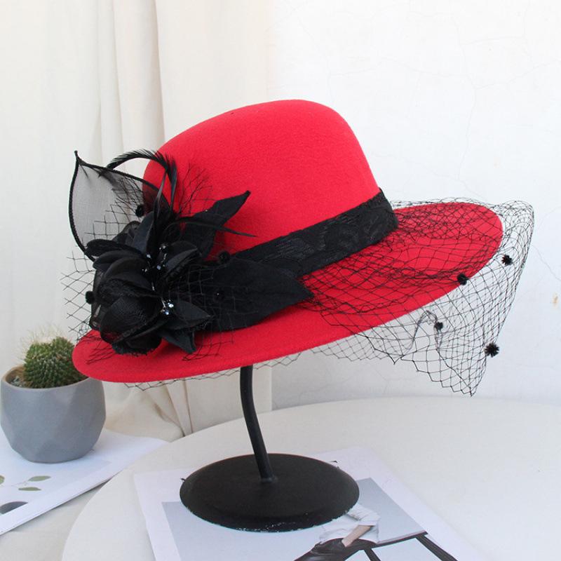 Autumn and winter Hepburn big brim woolen hat British retro felt hat mesh flower banquet top hat Hepburn style