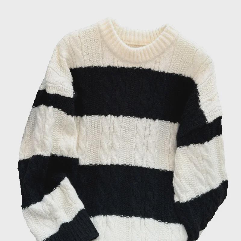 Мужской свободный повседневный полосатый вязаный свитер - японский модный стиль TikTok для старшеклассников