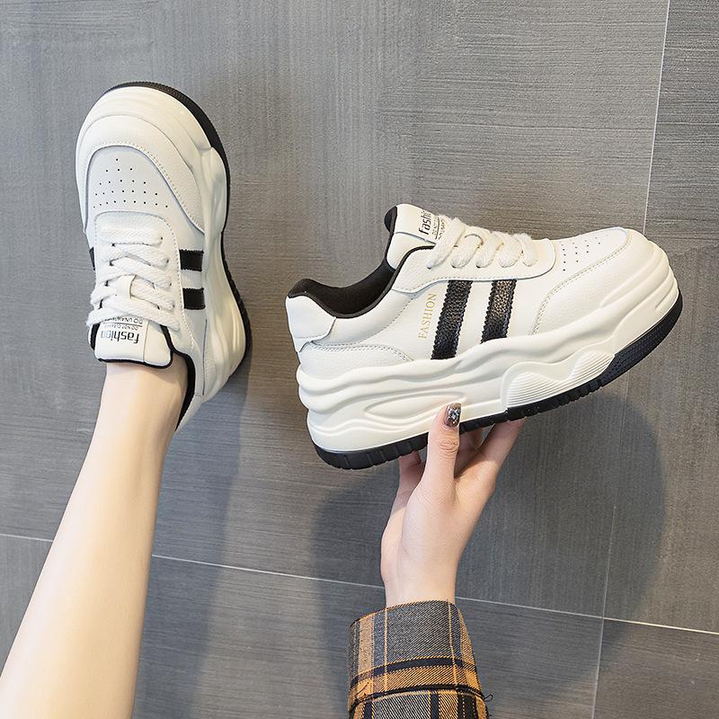 New Genuine Leather Platform White Shoes Women's All-Match Height Increasing Spring Ins Trendy White Skate Shoes Trendy
