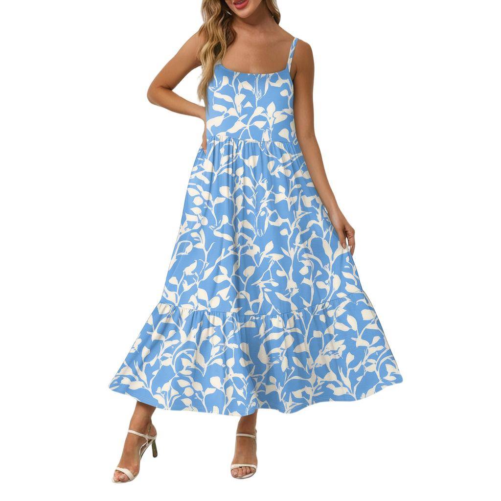 Women's Long Beach Casual Elegant Spaghetti Strap Maxi Dress Stitching Low-key Flowing Bohemian Dress