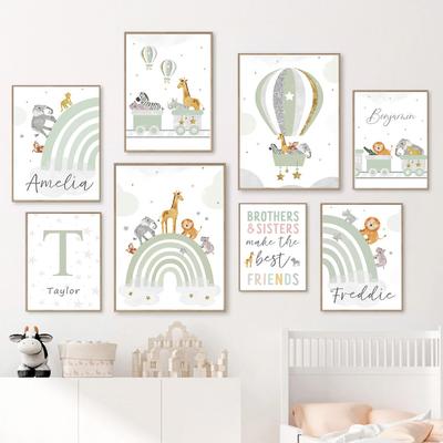 Бохо Радуга Жираф Лев Слон Пользовательское Имя Детская Плакат на скандинавскую тему Настенная печать на холсте Картина Картина для детской комнаты Декор
