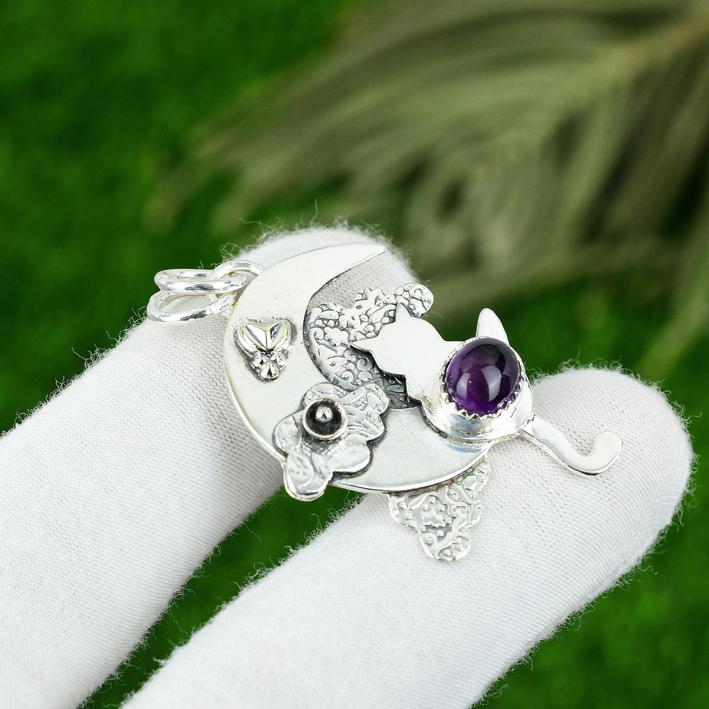Round Amethyst Stone Ethnic Sister Bezel Unique New Pendant Jewelry 925 Silver