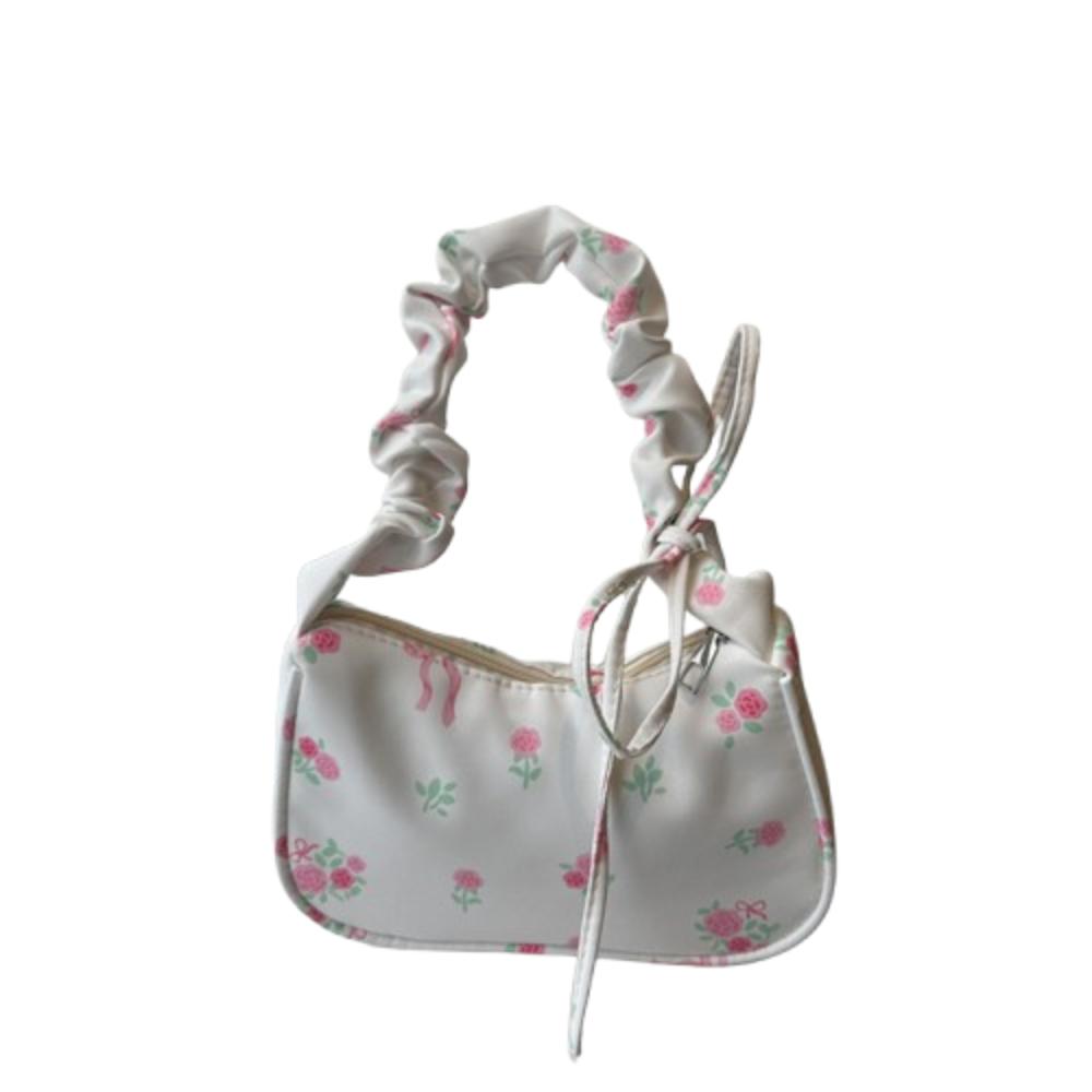 Sweet Nylon Handbag Bowknot Floral Shoulder Bag Korean Style Flower Pleated Underarm Bag Summer