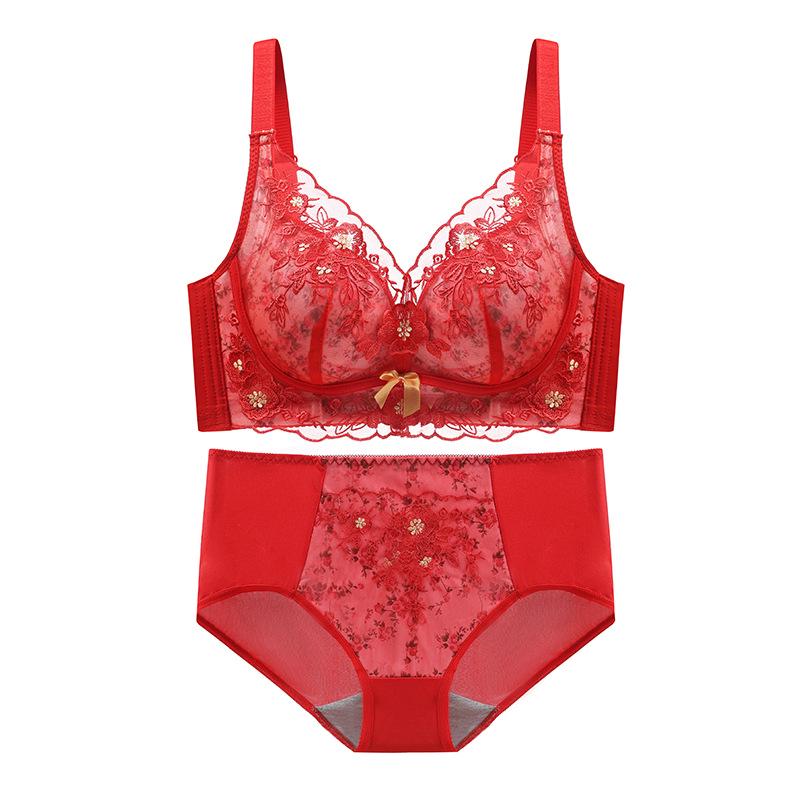 Benming Year Red Bridal Push-Up Bra Set for Women - Adjustable, Small Chest